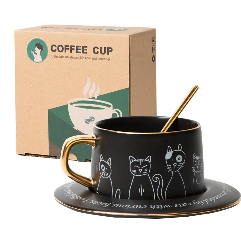 Nordic Style Black and White Cat Coffee Cup Set