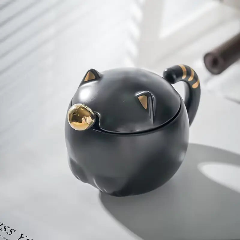 Kawaii Cat Ceramic Cup with Lid and Spoon (1 Piece)