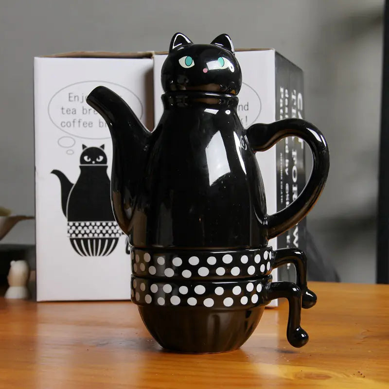 Ceramic Cup Set with Black and White Cat Design