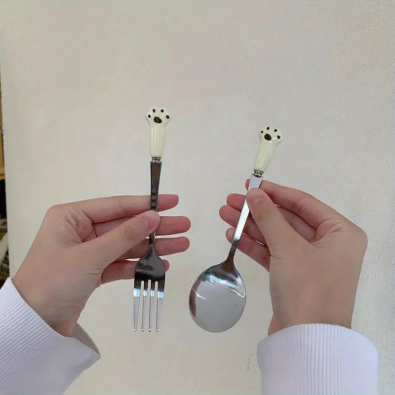 Cat Paw Handle Stainless Steel Spoon Fork Set (2pcs)