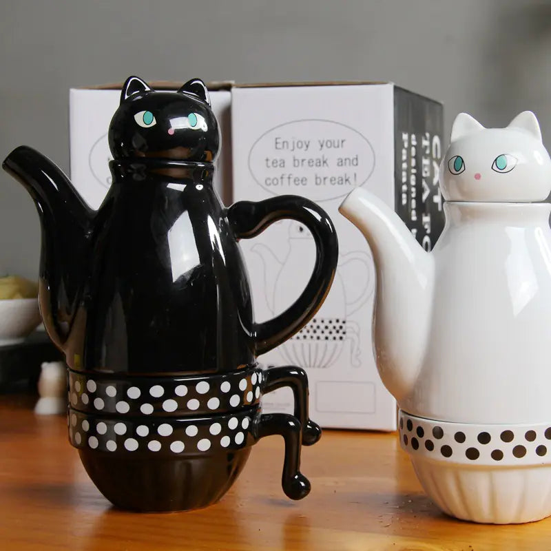 Ceramic Cup Set with Black and White Cat Design