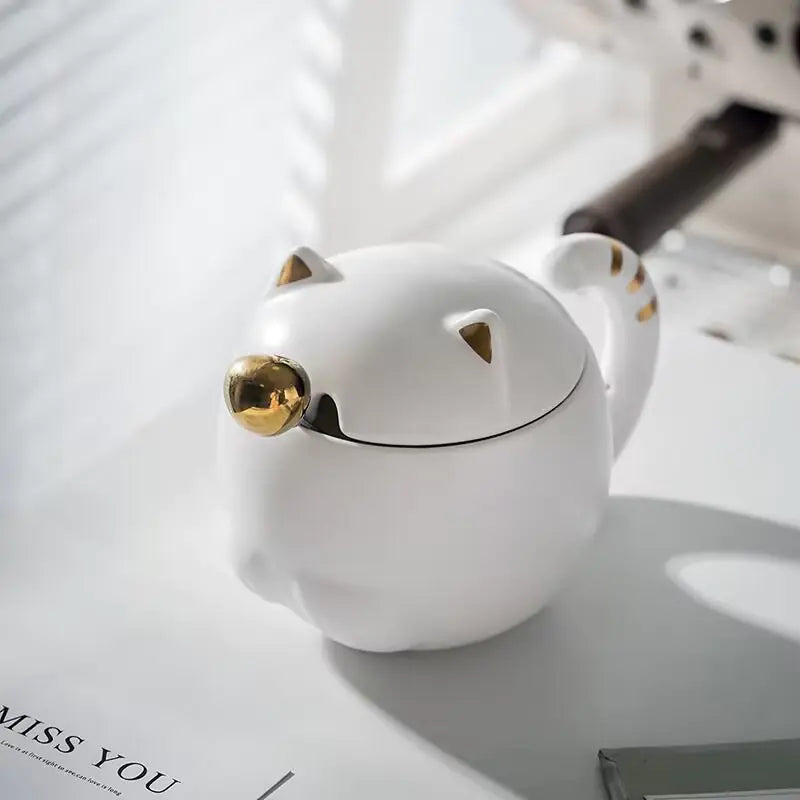 Kawaii Cat Ceramic Cup with Lid and Spoon (1 Piece)