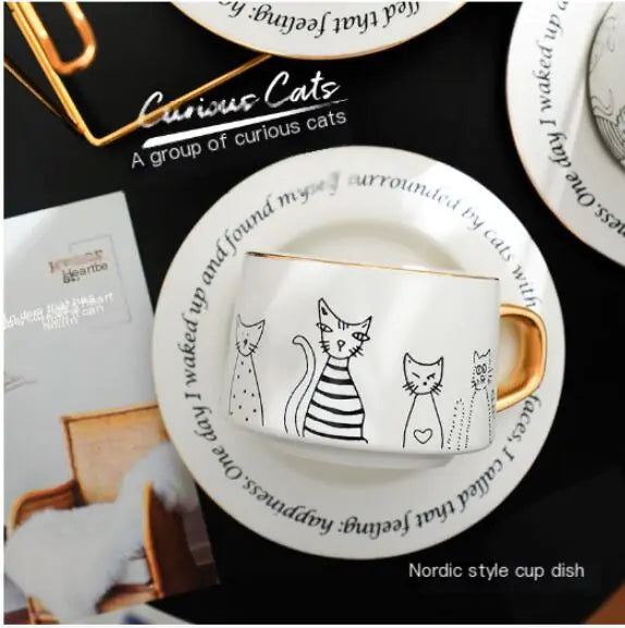 Nordic Style Black and White Cat Coffee Cup Set