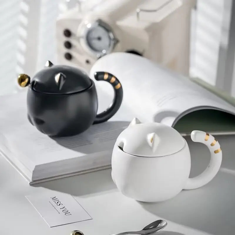 Kawaii Cat Ceramic Cup with Lid and Spoon (1 Piece)
