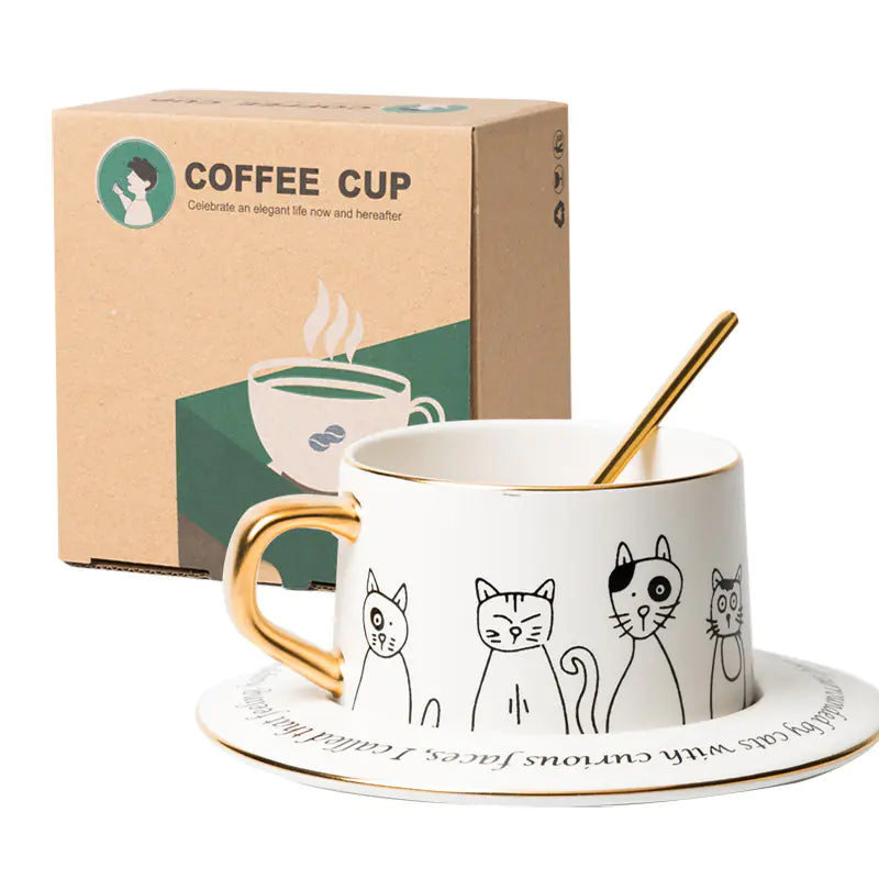 Nordic Style Black and White Cat Coffee Cup Set