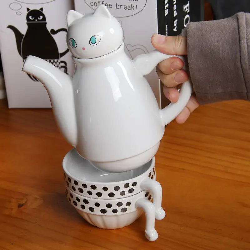 Ceramic Cup Set with Black and White Cat Design